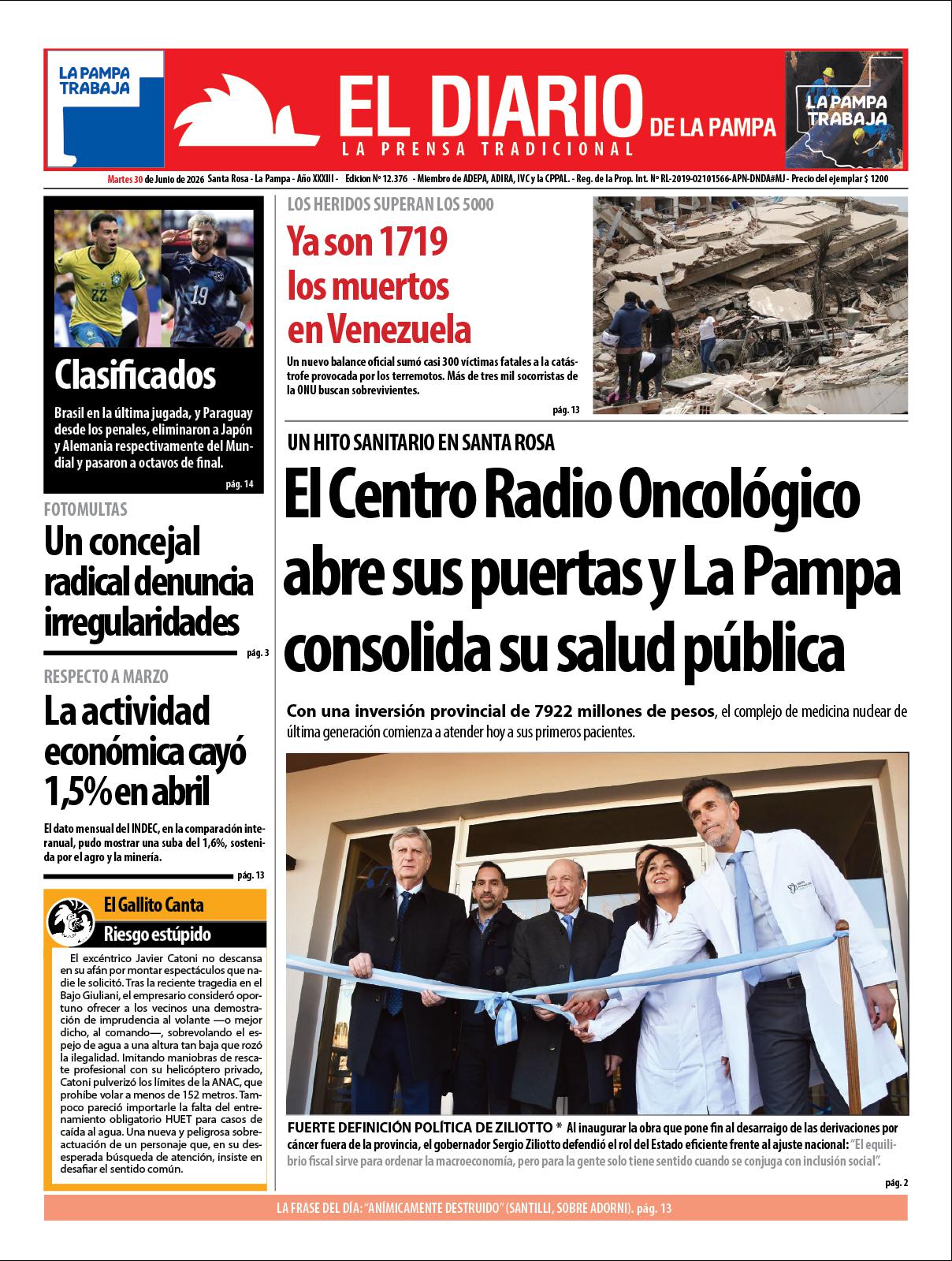 Tapa de El Diario en papel  martes 30 de junio de 2026